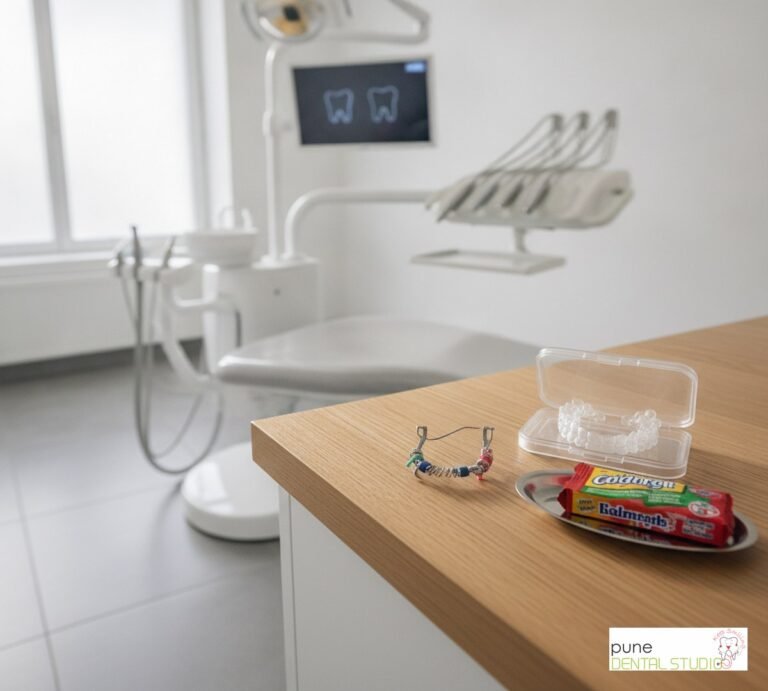 Equipment and interior of a Dental Clinic in Baner, illustrating “Invisible Aligners vs. Braces: Can Your Kid Really Chew Gum Freely?”, for the section “The Question Every Parent Asks”